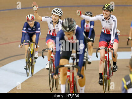 Great Britain's (from left) Manon Lloyd and Katie Archibald celebrate winning the Women's Madison during day two of the UCI Track Cycling World Cup at the Sir Chris Hoy Velodrome, Glasgow. Stock Photo