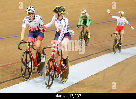 Great Britain's (from left) Manon Lloyd and Katie Archibald celebrate winning the Women's Madison during day two of the UCI Track Cycling World Cup at the Sir Chris Hoy Velodrome, Glasgow. Stock Photo