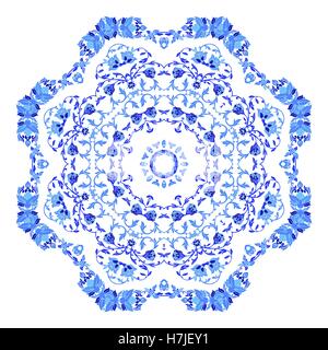 Indian round ornament, kaleidoscopic floral pattern, mandala. Design made in Russian gzhel style and colors. Stock Vector