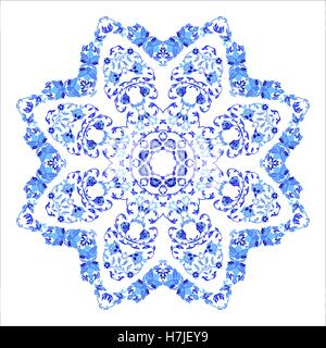 Indian round ornament, kaleidoscopic floral pattern, mandala. Design made in Russian gzhel style and colors. Stock Vector