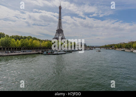 Tourist commercial boats going along the Seine river Paris France Stock Photo