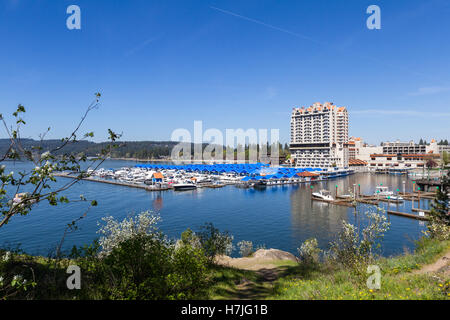 Coeur d' Alene, Idaho - April 20: Beautiful resort and marina viewed from a train on Tubs Hill. April 20 2016 Coeur d' Alene, Id Stock Photo