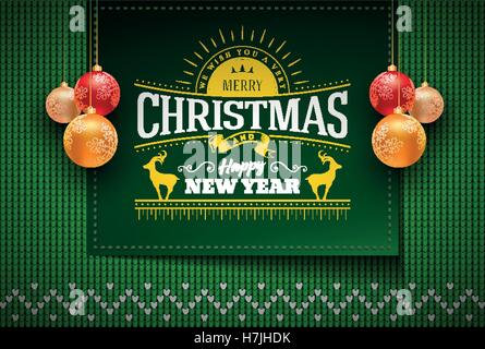Merry Christmas and Happy New Year message on vector knitted pattern. Elements are layered separately in vector file. Stock Vector