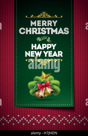 Merry Christmas and Happy New Year message on vector knitted pattern. Elements are layered separately in vector file. Global col Stock Vector