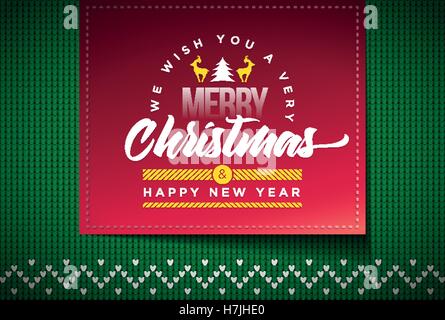 Merry Christmas and Happy New Year message on vector knitted pattern. Elements are layered separately in vector file. Global col Stock Vector
