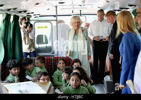 The Duchess of Cornwall visits Oman's first mobile library in Muscat, Oman, during the royal tour of the Middle East. Stock Photo