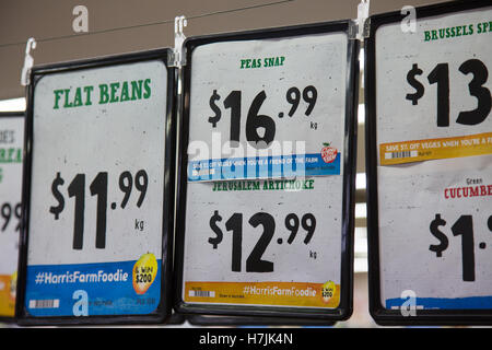 Harris Farm markets retail grocery store in North Sydney, price signs for flat beans and brussel sprouts,Australia Stock Photo