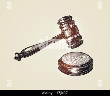 Gavel, hammer of judge or auctioneer. Sketch vector illustration Stock Vector