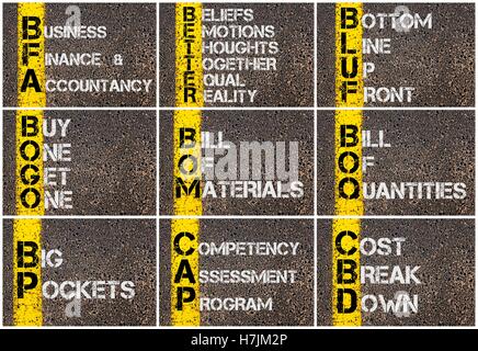 Photo collage of Business Acronyms written over road marking yellow paint line Stock Photo