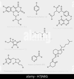 Skeletal formulas of some vitamins. Schematic image of chemical organic molecules, nutrients. Stock Vector