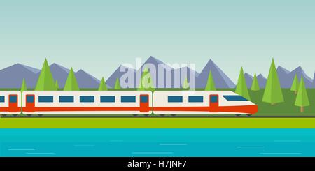 Speed train. Lake, pine and fir forest, and mountains. Stock Vector