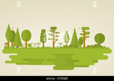 Flat set of forest vegetation. Trees, grass, bushes, butterflies. Stock Vector