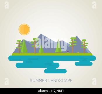 Simple, flat illustration of summer landscape. Mountains, lake, fir-trees, flowers and bright sun. Stock Vector