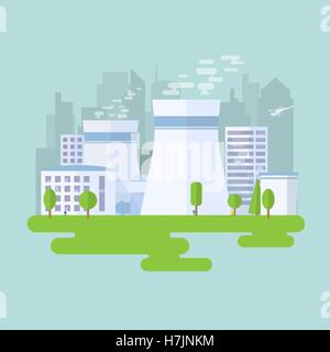 Green nuclear power plant. City buildings and skyscrapers on background. Flat vector illustration. Stock Vector