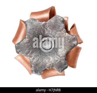 Hollow point bullet with a copper covering that is expanded and isolated on white Stock Photo