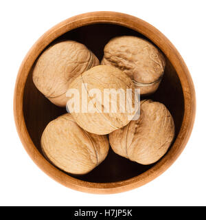 Whole walnuts with shells in a wooden bowl on white background. Brown dried nuts of common walnuts, Juglans regia. Stock Photo