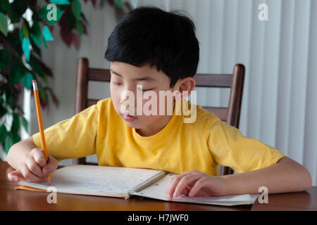 An Asian boy doing his homework at home. Stock Photo