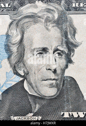 Portrait of the 7th US President Andrew Jackson on twenty dollar banknote bill macro, front side obverse. Stock Photo