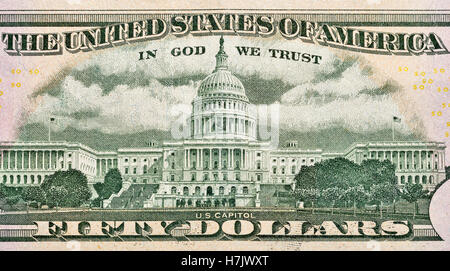 US Capitol on back of fifty dollars bill closeup macro Stock Photo