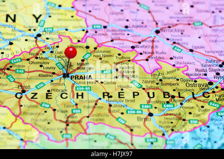 Prague pinned on a map of europe Stock Photo - Alamy