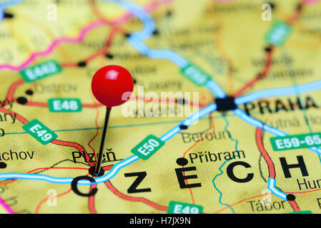 Plzen pinned on a map of Czech Republic Stock Photo