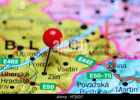Zlin pinned on a map of Czech Republic Stock Photo