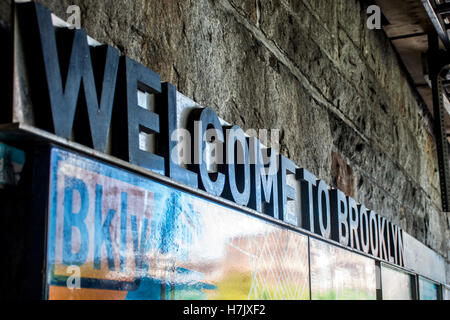 Welcome to Brooklyn Sign New York City USA Skyline the Big Apple Stock Photo