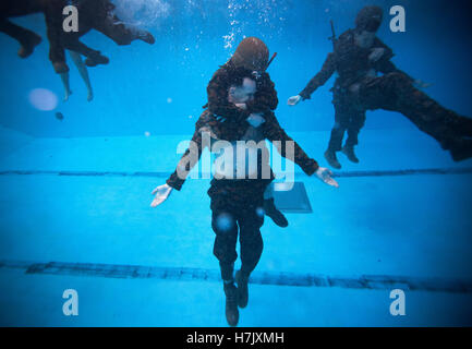 U.S. Marines perform underwater rescue drills during the Marine Corps Instructor of Water Survival Course at the Marine Corps Base Camp Gilbert H. Johnson March 5, 2013 in Jacksonville, North Carolina. Stock Photo