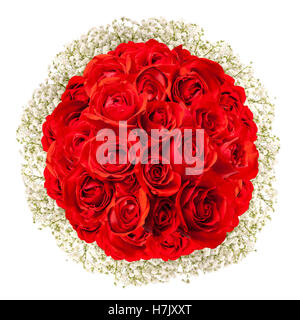 Red roses bouquet surrounded by baby's breath flowers. Isolated on white Stock Photo
