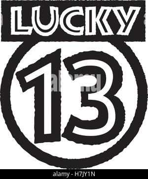 Vector Lucky 13 logo or badge design with custom font and distressed grunge edges. Stock Vector