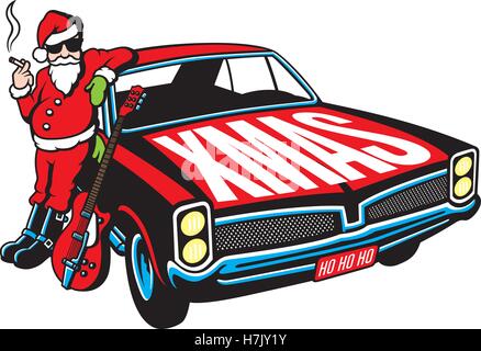 Rock and Roll Santa Claus vector illustration with vintage muscle car and cool guitar. Santa leans against car wearing sunglass and smoking cigarette. Stock Vector