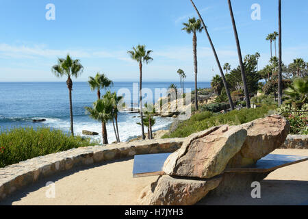 Bench at Heisler Park, Laguna Beach, Californai, overlooking the Pacific Ocean. Stock Photo