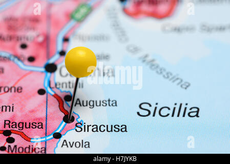 Siracusa pinned on a map of Italy Stock Photo