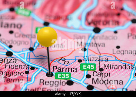 Parma pinned on a map of Italy Stock Photo
