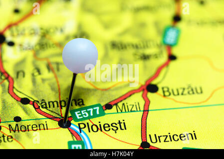 Ploiesti pinned on a map of Romania Stock Photo