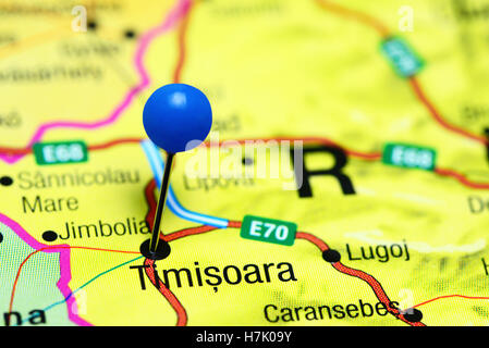 Timisoara pinned on a map of Romania Stock Photo