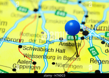 Weissenburg in Bayern pinned on a map of Germany Stock Photo