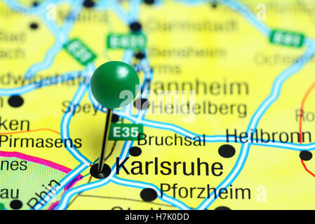 Karlsruhe pinned on a map of Germany Stock Photo