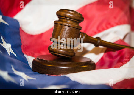 Justice Gavel and United States Flag Stock Photo