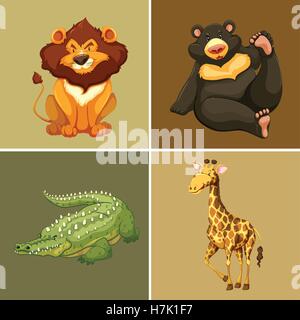 Four types of wild animals on brown background illustration Stock Vector