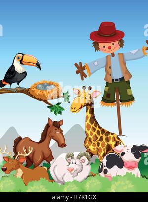 Many  wild animals and scarecrow in thefield illustration Stock Vector