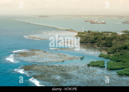 Aerial view of Panama Canal on the Pacific side. Large cargo ships waiting to go through the Panama Canal. Stock Photo