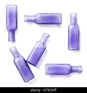 Lilac glass empty bottles collection. Handmade vases. Group of objects isolated on white background. Top view, flat lay Stock Photo