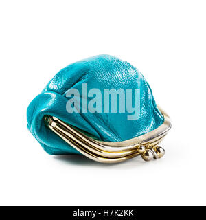 Blue coin purse isolated on white background. Closed female wallet. Saving money concept. Object with clipping path Stock Photo