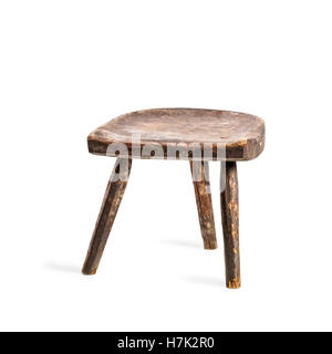 Vintage stool isolated on white background. Antique three legs chair. Single object with clipping path Stock Photo