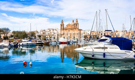 Landmarks of Malta - impressive cathedral Msida and marina in Valletta Stock Photo