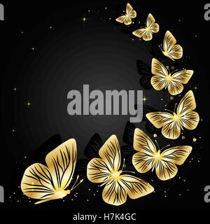 Gold flying butterflies on dark background with place for your text. Stock Vector