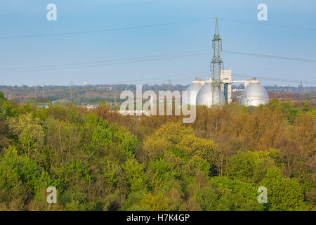 High angle view of a Sewage Treatment Plant in Duisburg, Germany in between green landscape