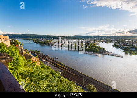 View of Deutsches Eck and the oldtown of Koblenz, Germany with Rhine and Moselle River seen from Ehrenbreitstein. Stock Photo