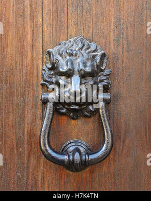 knocker in metal lion's head on old wooden door Stock Photo